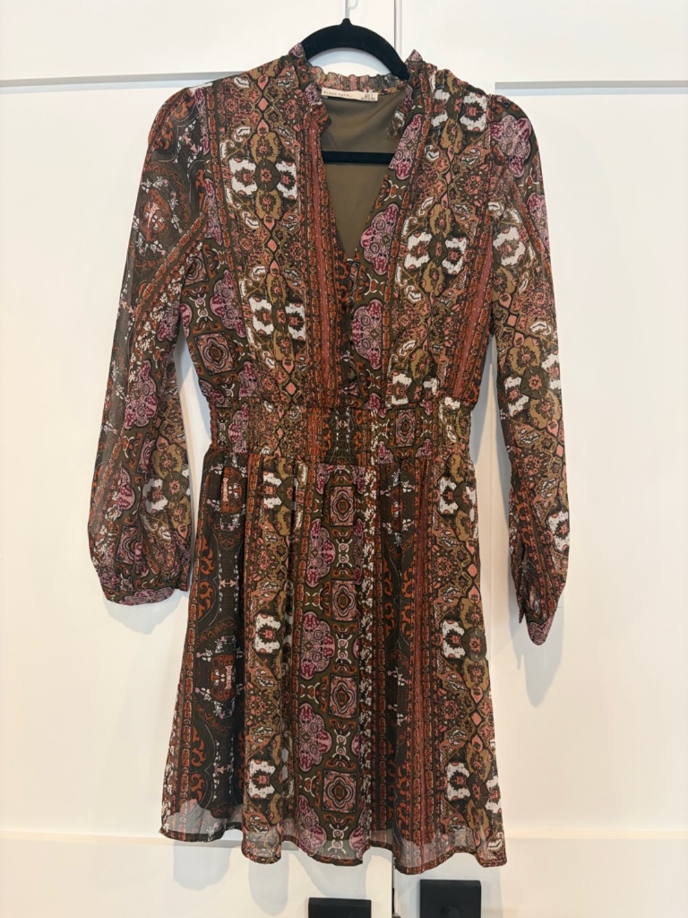 Black Tape_ Paisley Boho Long-Sleeve Mini Dress in Rust and Pink